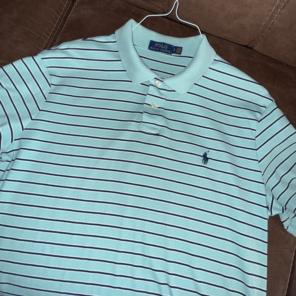 Polo Ralph Lauren Mens‎ Striped Short Sleeve Polo Shirt Aqua Navy XL - Picture 7 of 10